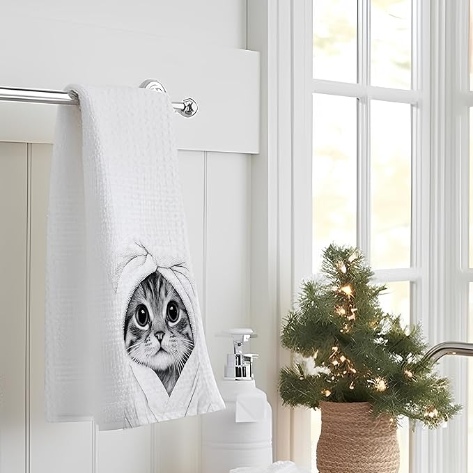 Funny Cat Hand Towels for Bathroom - Gifts for Cat Lovers, Mom, Lady - Cute Decor, 16x24 Inch