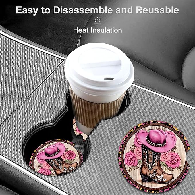 Car Coasters for Cup Holders,2 Pack Western Cowboy Hat Boots Car Coasters,2.75" Universal Size Anti Slip Rubber Mat,Automotive Cup Holder Decal Decor Accessories,Gifts for Women,Men,Mom