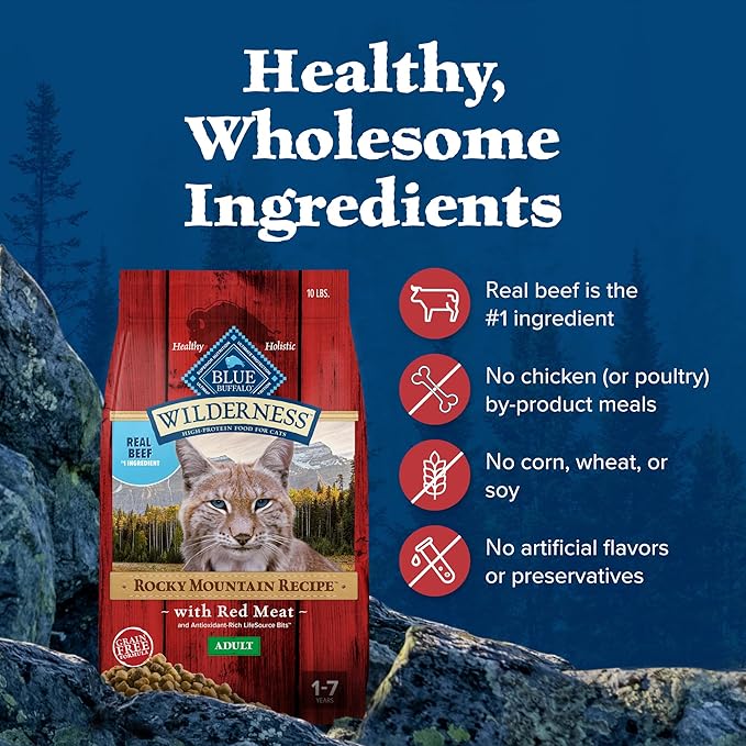 Blue Buffalo Wilderness Adult Dry Cat Food, Rocky Mountain Recipe, Chicken-Free & Grain-Free Recipe Made with Natural Ingredients, Red Meat, 10-lb. Bag