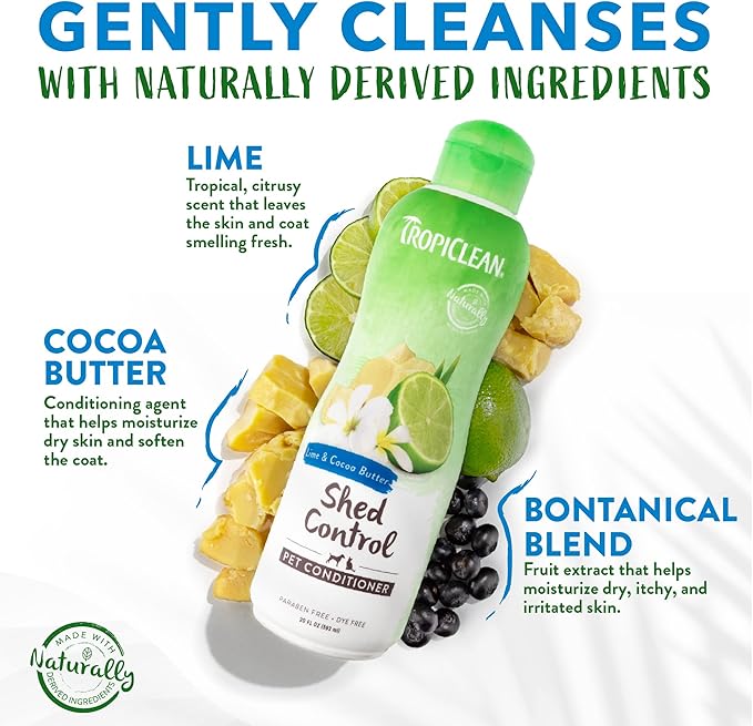 TropiClean Deshedding Cat & Dog Conditioner, Puppy & Kitten Safe, Reduces & Softens Coat, Lime & Coconut Scent, Made in the USA, 20oz.