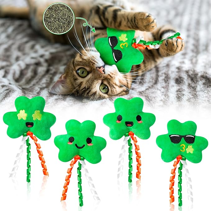 MALLMALL6 4Pcs Shamrocks Catnip Toys Gift for Cat, Indoor Cat Bite Kick Plush Catmint Pet Toys Supplies for Kitten Lover Gifts, Cute Teething Chew Relief Interactive Toy