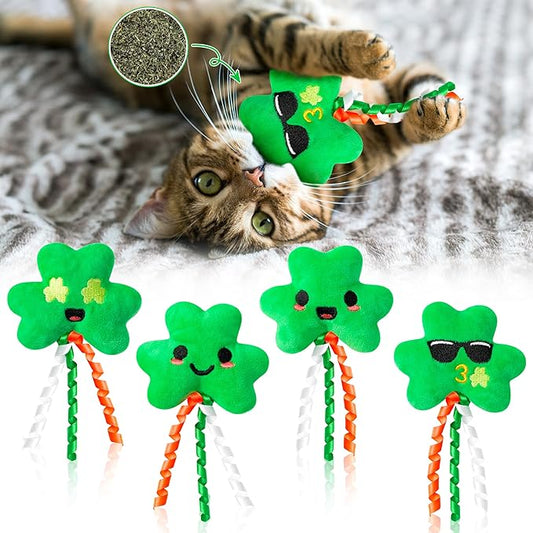 MALLMALL6 4Pcs Shamrocks Catnip Toys Gift for Cat, Indoor Cat Bite Kick Plush Catmint Pet Toys Supplies for Kitten Lover Gifts, Cute Teething Chew Relief Interactive Toy