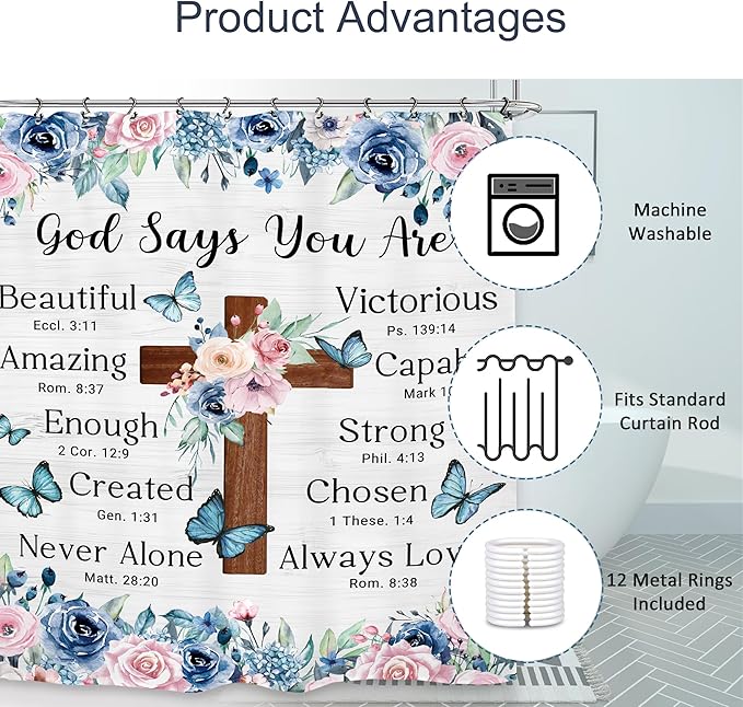 Bible Flower Shower Curtain 60Wx72L Inch Christian Scripture Cross Inspirational Motivational Positive Bathroom Set Accessories Decor with 12 Pack Hooks