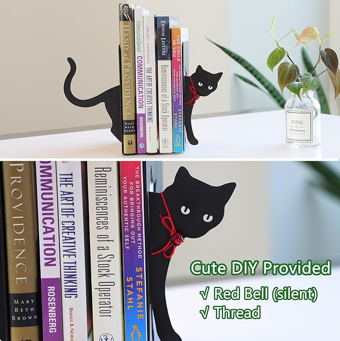 Black Cat Book Ends - Decorative Bookend for Shelves,Book Holder for Desktop, Cute Animal Decor for Home & Office, Gift for Cat Lovers L15.7(A Set) x D5 x H 7"