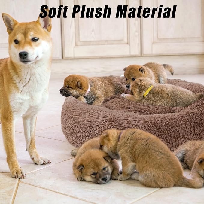 Calming Dog Bed, Dog Beds Fits up to 15 lbs Pets, Fluffy Donut Dog & Cat Bed Washable, Round Anti Anxiety Dog Bed, Small Dog Bed with Non-Slip Bottom (Khaki, 20" x 20")