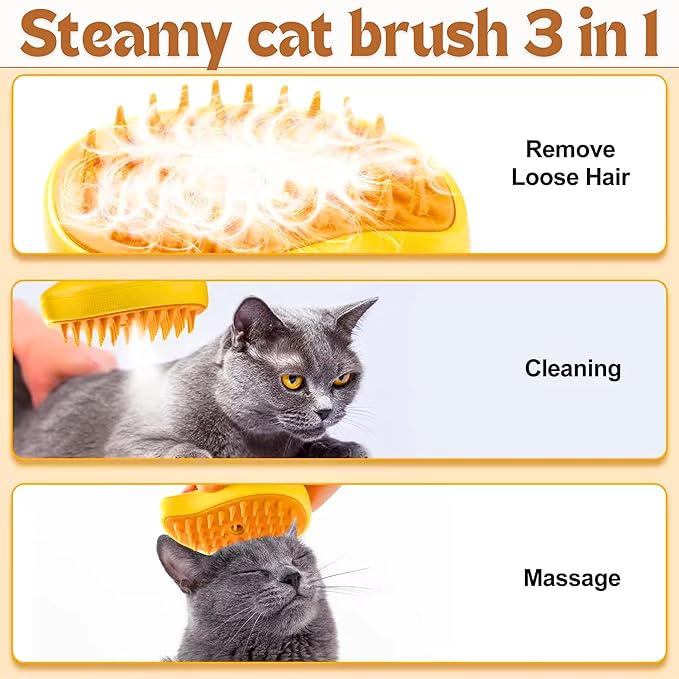 3-in-1 Self-Cleaning Steam Brush for Pets - Removes Loose and Tangled Hair, Multifunctional Design for Cats, Yellow