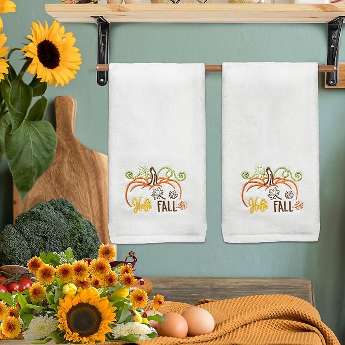 Hexagram Fall Hand Towels Set of 2, Hello Fall Bathroom Embroidered Towels, Pumpkin Hand Towel for Bathroom 14" x 30", Autumn Decorations for Home