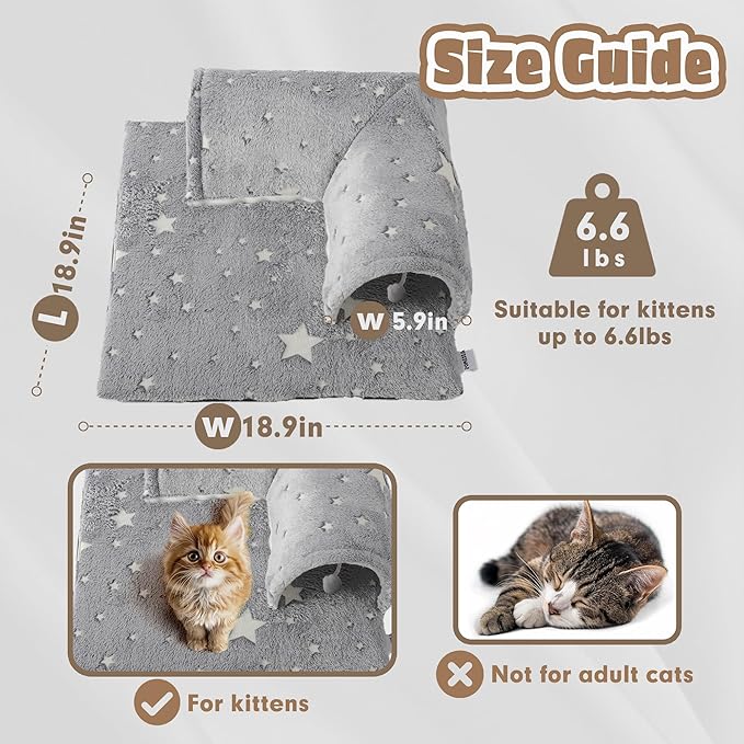 Kitten Tunnel Bed Mat, Glow in The Dark Kitten Bed for Indoor Kittens, Perfect Kitten Gift Toy with 3D Memory Foam, Detachable & Machine Washable, Non-Slip Bottom, Gray S