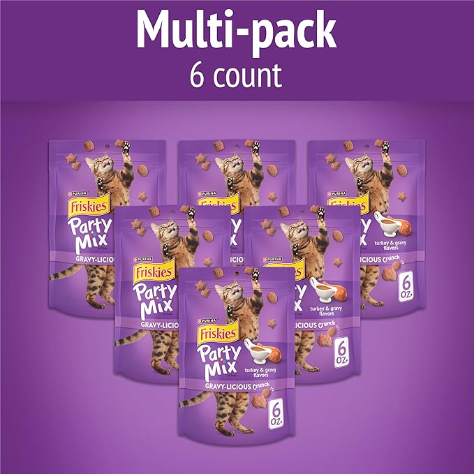 Purina Friskies Cat Treats, Party Mix Gravy-licious Crunch Turkey and Gravy Flavors - (Pack of 6) 6 oz. Pouches