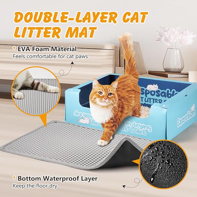 46x26 Inch Cat Litter Mat Double Layer Non-Slip Odor-Free Litter Box Mat,Waterproof and Urine Proof Litter Mat,Scatter Control, Less Waste,Easier to Clean(Gray)