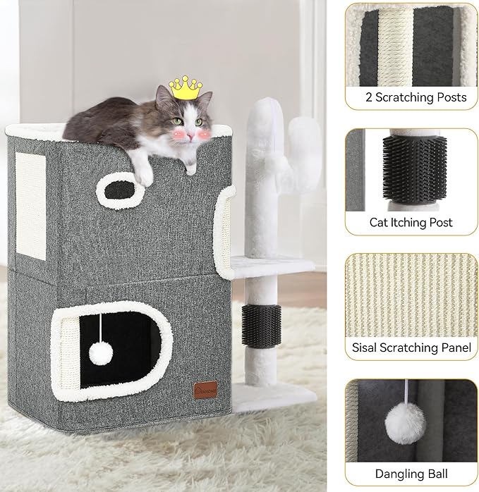 YIATHOME 2-Tier Cat House, Cat Beds for Indoor Cats, Small Cat Condo with Highway Cave, Scratch & Itching Post, Clmibing Stand, Modern Cat Cube Playhouse for Multi Kittens, Grey