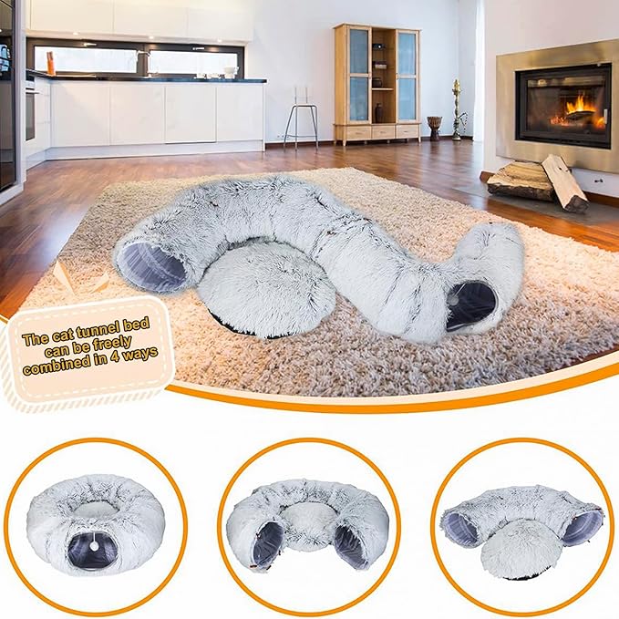 CLKHOWL Cat Tunnel Bed, Cat Tunnels Cat Toys for Indoor Cats, Cat Donut Tunnel, Multifunctional Cat Cave for Small Medium Large Cat, Puppy, Rabbit, Ferret. (Grey)