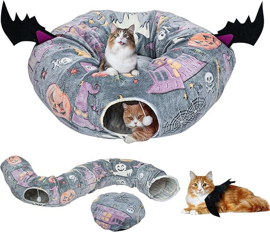 Halloween Cat Tunnel Bed, Cat Tunnels for Indoor Cats Large with Bat Wings, Foldable Cat Donut Tunnel with Soft Mat and Dangling Balls, Cat Play Tunnel Toy with Ghost, Spider Web Pattern Decorations