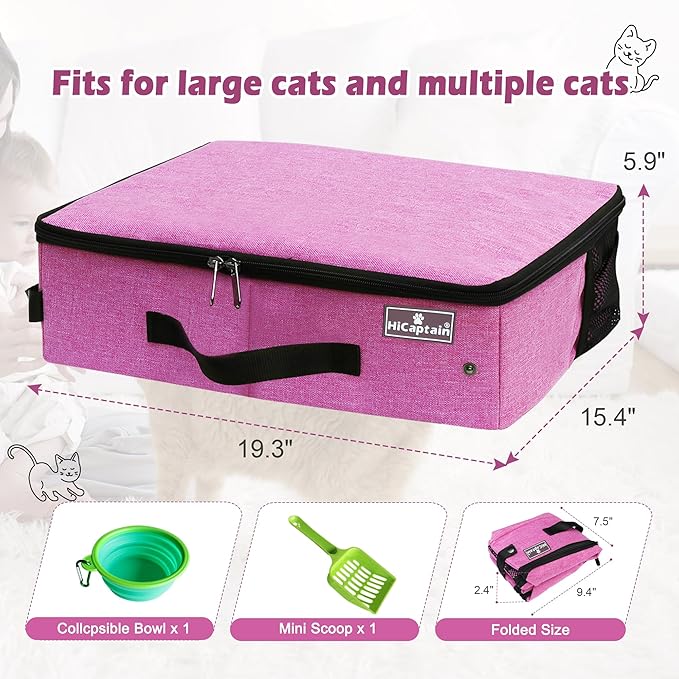 HiCaptain Portable Cat Travel Litter Box with Lid, Collapsible Travel Litter Box for Medium and Large Cats, Leak Proof, Foldable Standard Litter Carrier Box for Traveling - Pink