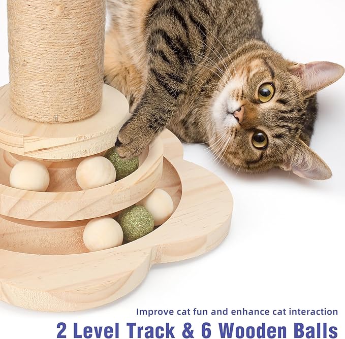 Cat Scratching Post Cat Toys for Indoor Cats 4 in 1 Wooden Ball Cardboard 2 Level with Cat Track Dangling Balls Cat Natural Sisal Scratching Bed Pad Cat Tree Feather Toy for Kittens Adult Cats