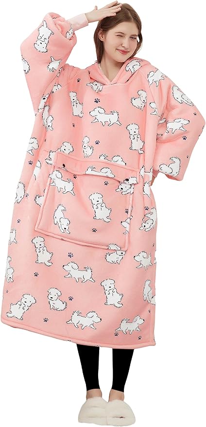 KFUBUO Wearable Blanket Hoodie for Adult Long Sherpa Dog Patterns Oversized Hoodie Sweatshirt Blanket Cute Birthday Gifts for Women