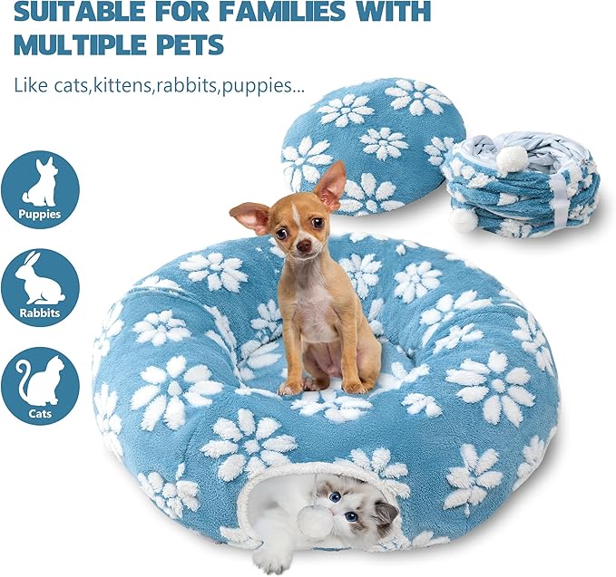 Cat Tunnel for Indoor Cats, Cute Peekaboo Cat Cave Play Tunnel with Dangling Balls, Pet Donut Tunnel Bed with Circle Mat for Cat Puppy Kitten Rabbit, Blue