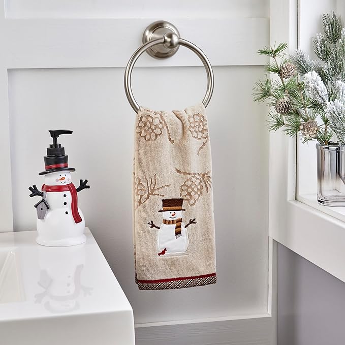 SKL Home Christmas/Winter Woodcut Snowman Hand Towel 2pc Set for Bath/Kitchen/Bar & Gift, Wheat
