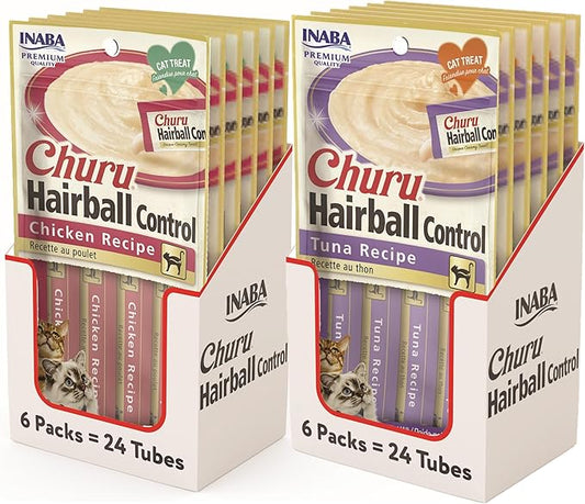 INABA Churu for Cats, Functional, Creamy Lickable Purée Cat Treat for Hairball Control, 0.5 Ounces Each, 48 Tubes (4 per Pack), 2 Flavor Tuna and Chicken Variety Pack