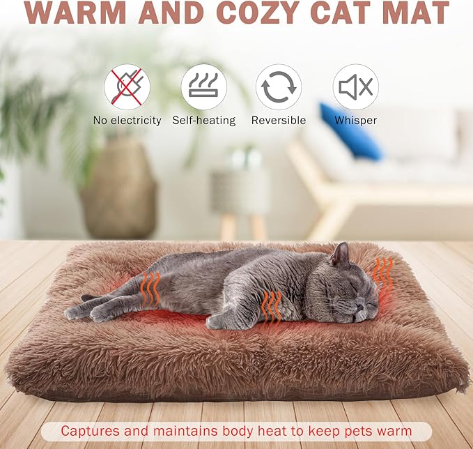 SCENEREAL Self Warming Cat Bed, Heated Cat Bed Mat for Cats Small Dogs, 2 in 1 Soft Plush, Washable Pet Pad for Indoor Outdoor Kitten Puppy, Brown 24" x 20"