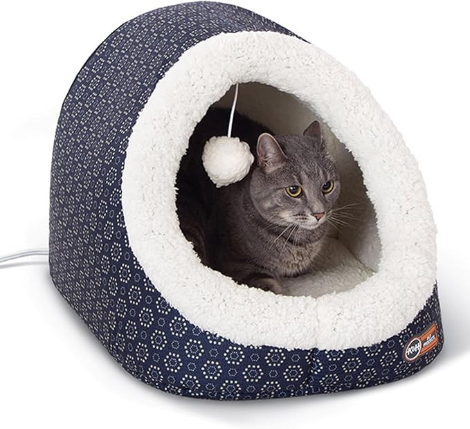 K&H Pet Products Thermo-Pet Cave Heated Cat Bed - Navy/Geo Flower 17 X 15 X 13 Inches