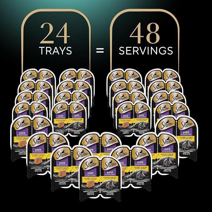 Sheba Perfect Portions Paté Wet Cat Food Trays (24 Count, 48 Servings), Gourmet Chicken and Tuna Entrée, Easy Peel Twin-Pack Trays