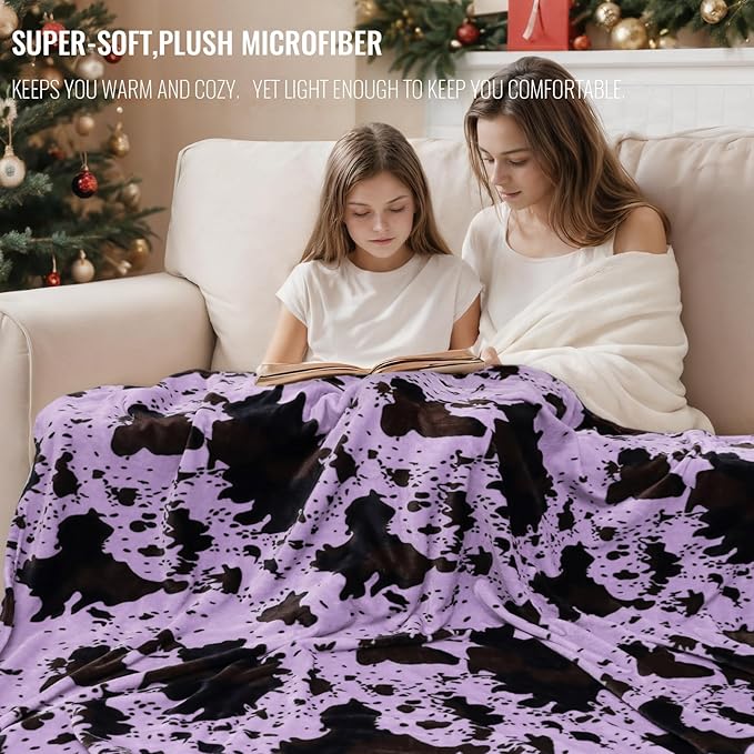Fleece Throw Blanket - Purple Cow Print, Soft Cozy Lightweight for Couch, 40x50 Inch