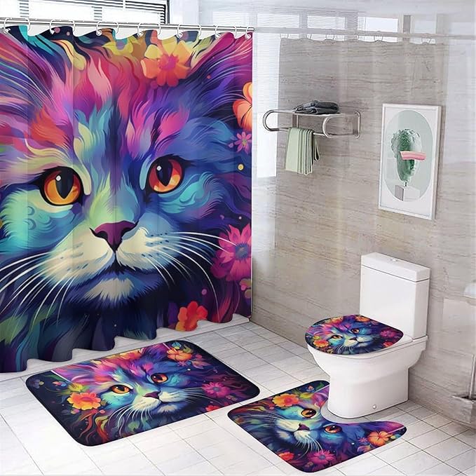 4Pcs Modern Colorful Cat Shower Curtain Sets with Non-Slip Rugs, Toilet Lid Cover and U Shape Bath Mat, Funny Abstract Flower Animal Bathroom Sets Waterproof Shower Curtains with 12 Hooks