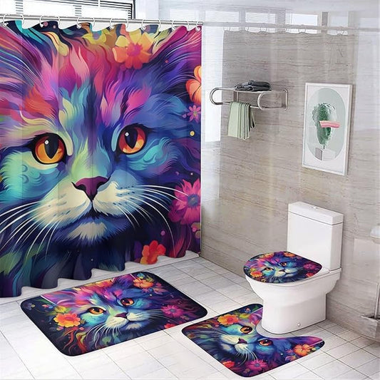 4Pcs Modern Colorful Cat Shower Curtain Sets with Non-Slip Rugs, Toilet Lid Cover and U Shape Bath Mat, Funny Abstract Flower Animal Bathroom Sets Waterproof Shower Curtains with 12 Hooks