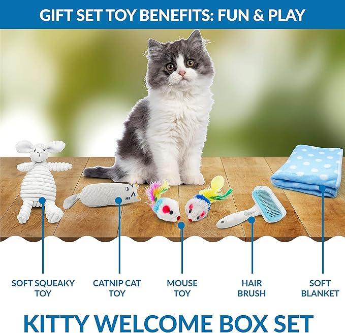 Cat Toys Welcome Blue Gift Set of 8 - Box, Catnip Kitten Toys, Cat Chew Toy, Interactive Feather and String Teaser Wand, Yarn Ball, Squeaky Toy, Cat Hair Brush and Blanket