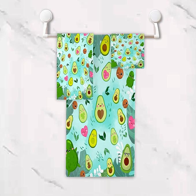 Cute Avocados 3 Piece Towel Bathroom Sets, 1 Bath Towel, 1 Washcloth, 1 Hand Towel, Cotton Fast Dry Soft Absorbent Towel Set for Home Kitchen Family