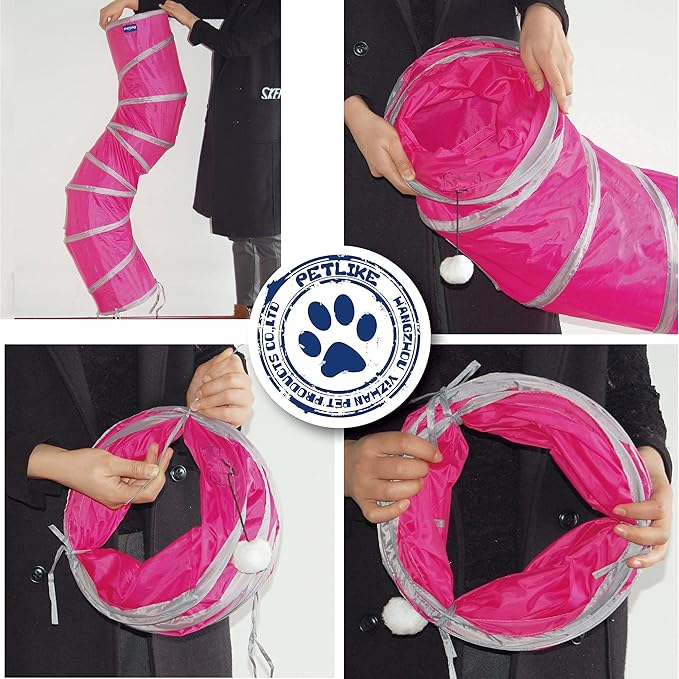 PetLike S Way Cat Tunnel Collapsible Pop-up Pet Tube Hideaway Play Toy with Ball (S-Way, Rose Red)