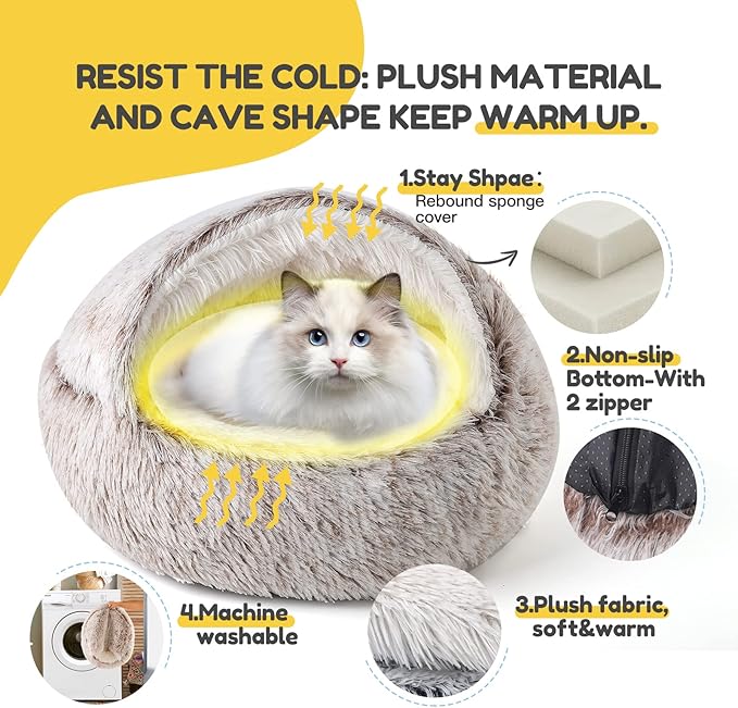 CATISM Cat Bed, Plush Hooded Cat Beds for Indoor Cats, Calming Cat Nest, Self Warming Cat Bed Cave, Cozy Cat Pod for Indoor Cat or Small Dog, Removable Washable Cat Cove with Non-Slip Bottom