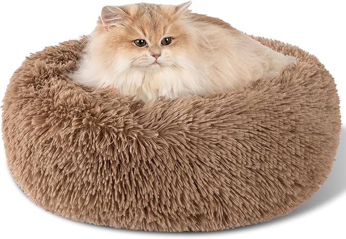Dog Bed Calming Dog Beds for Small Medium Large Dogs - Round Donut Washable Puppy Dog Bed, Anti-Slip Faux Fur Fluffy Donut Cuddle Anxiety Cat Pet Bed(16'' Khaki