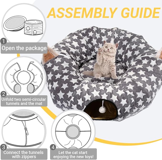 LUCKITTY Large Cat Tunnel Bed with Plush Cover,Fluffy Toy Balls, Small Cushion and Flexible Design- 10 inch Diameter, 3 ft Length- Great for Cats, and Small Dogs, Gray Star Pattern