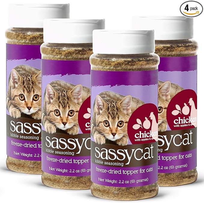Herbsmith Sassy Cat Kibble Seasoning – Freeze Dried Chicken – Cat Food Topper for Picky Eaters – Chicken, Apples, and Spinach [Bundle x4]