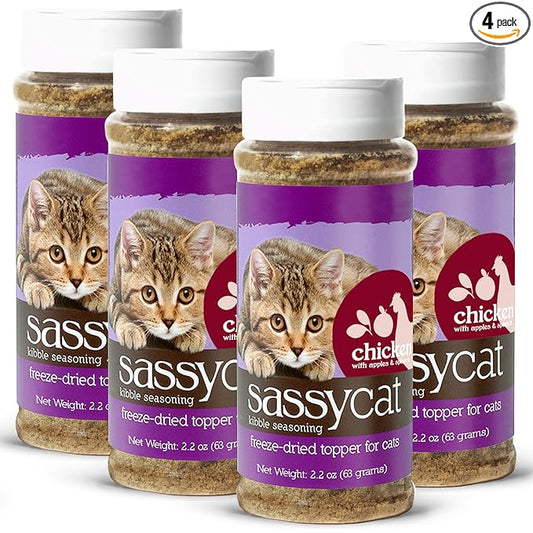 Herbsmith Sassy Cat Kibble Seasoning – Freeze Dried Chicken – Cat Food Topper for Picky Eaters – Chicken, Apples, and Spinach [Bundle x4]