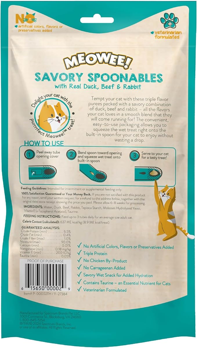 Savory Spoonables with Real Duck, Beef and Rabbit for Cats, 8 Count, Treat Your Cat to Triple Flavor Squeezable Lickable Wet Treats with Built-in Spoon for Less Mess