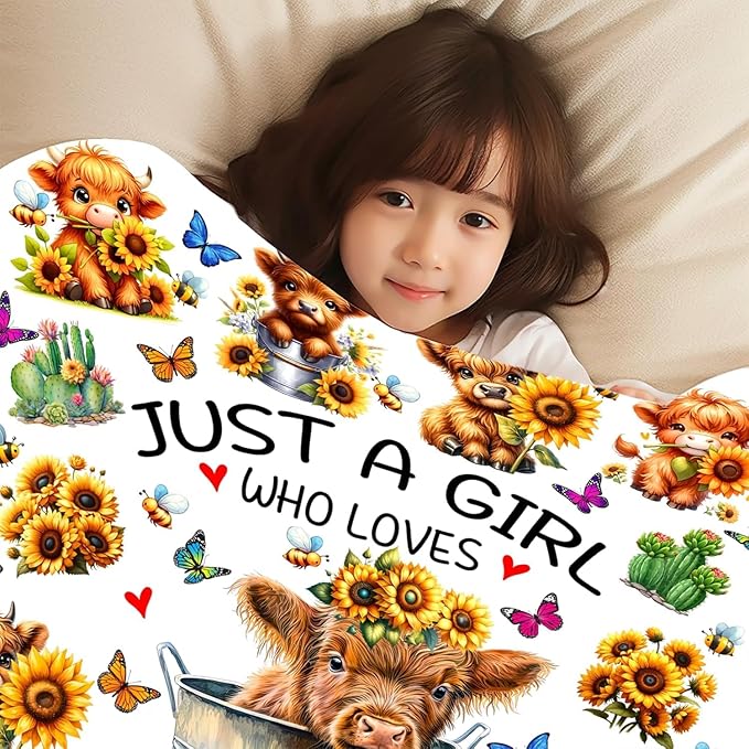 Highland Cow Gifts Sunflower Highland Cow Print Blanket Throw Plush Stuff Cute Animal Butterfly Gifts for Girls Kids Women Adults Highland Cow Lovers Birthday Decorations 80"X60"