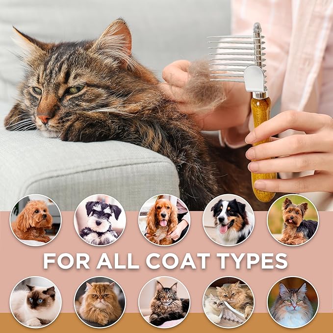TAKAVU Dematting Fur Rake Comb Brush for Dogs and Cats, Safety Steel Blades Detangling Pet Brush, Undercoat Grooming Brush Cutting and Removing Dead Matted Knotted Hair for Doodles Poodles Terrier