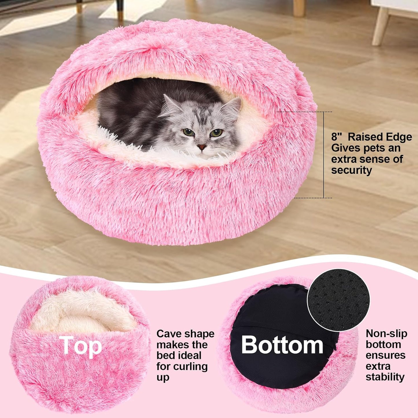Calming Dog Beds & Cat Cave Bed with Hooded Cover,Removable Washable Round Beds for Small Medium Pets,Anti-Slip Faux Fur Fluffy Coved Bed for Improved Sleep,Fits up to 15/25 lbs(Pink,S)