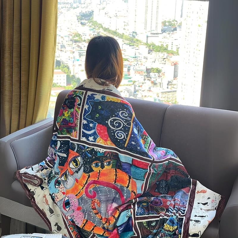 Throw Blanket - Colorful Cat Design Boho Blanket, Ultra Soft Rustic Quilt For Sofa, Couch, Bed, Bath Towels - Lightweight Bohemian Blankets - Cute Decorative Throw Coverlet (59x87 inch)