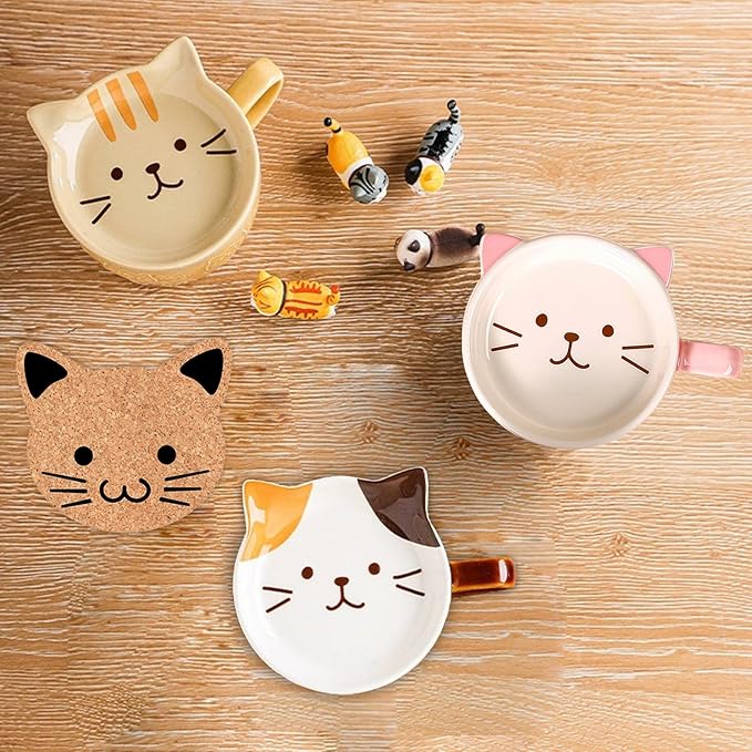 BigNoseDeer 2PCS Kawaii Cat Mug - Pink and Brown Ceramic Coffee Tea Cup with Lid, Saucer - Cool Preppy Gift for Cat Lovers, Christmas 10oz