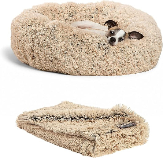 Best Friends by Sheri Bundle Set The Original Calming Shag Donut Cuddler Cat and Dog Bed + Pet Throw Blanket Taupe Small 23" x 23"