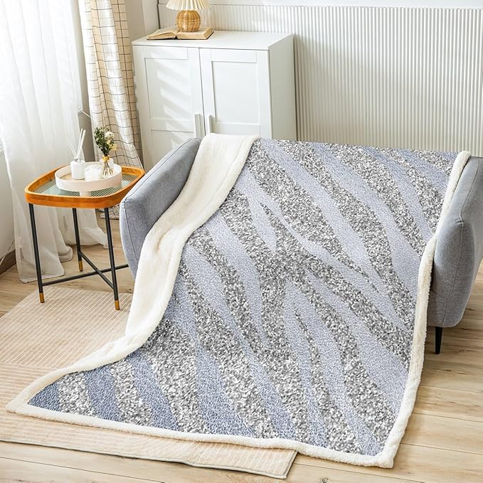 Grey Animal Print Sherpa Blanket - Glitter Zebra Print, Ombre, Sequins Stars for Girls, Women & Baby