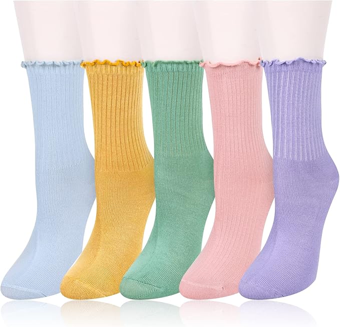 Benefeet Sox Womens Girls Ruffle Crew Socks Novelty Cute Frilly Dress Socks Cotton Lettuce Trim Turn-Cuff High Ankle Sock
