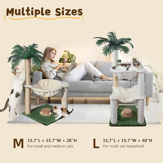 Cat Scratching Post 30 Inches Small Cat Tree Tower with Two Cat Hammock, Double Cat Hammock with Cat Toy Wooden Interactive, Cat Condo for Kitten and Adults Cat