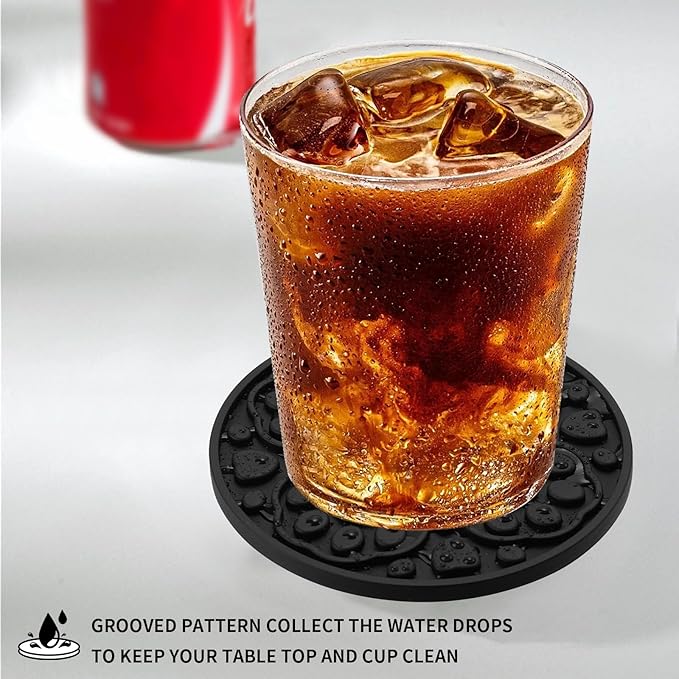 Black Silicone Coffee Coaster Set of 6 with Holder, 4 Inches Modern Bar Coasters for Desk, Tabletop Non Slip Decorative Cup Mat for Drinks, Beer, Beverage - Dishwasher Safe