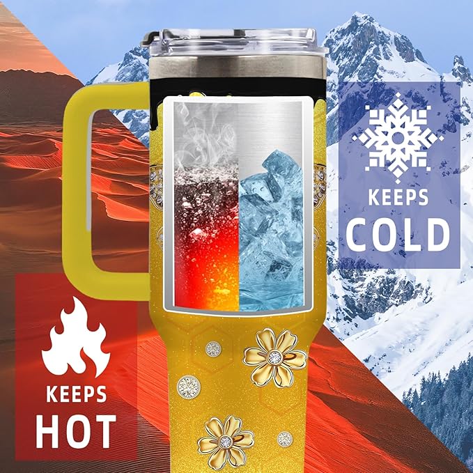 Bee Tumbler 40 Oz, Stainless Steel Insulated Mug with Glitter Accents, Empowering Bee Gifts for Women, Suitable for Nature Lovers, Feminine and Luxurious Gift for Her