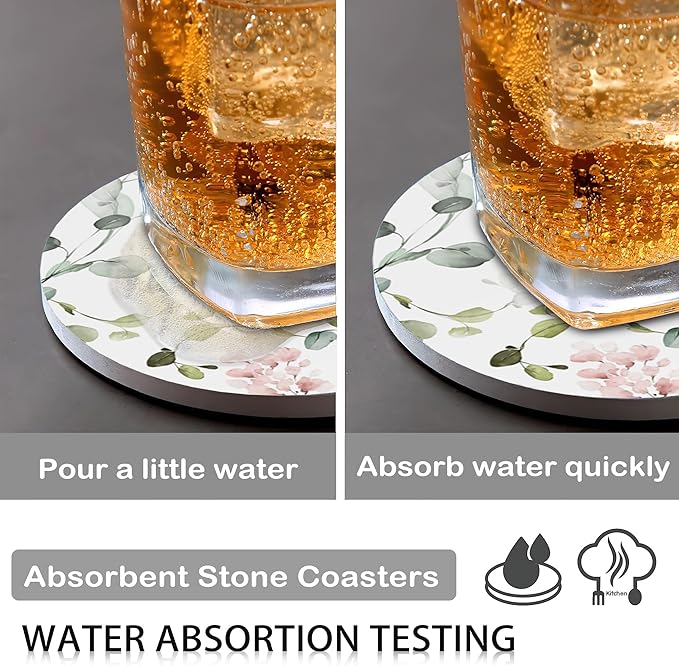 6 Pcs Drink Coasters with Holder,Abstract Watercolor Floral Green Leaves Absorbent Round Ceramic Coaster for Tabletop Protection,for Coffee Cup Beverage Coasters Wine Beer Bar